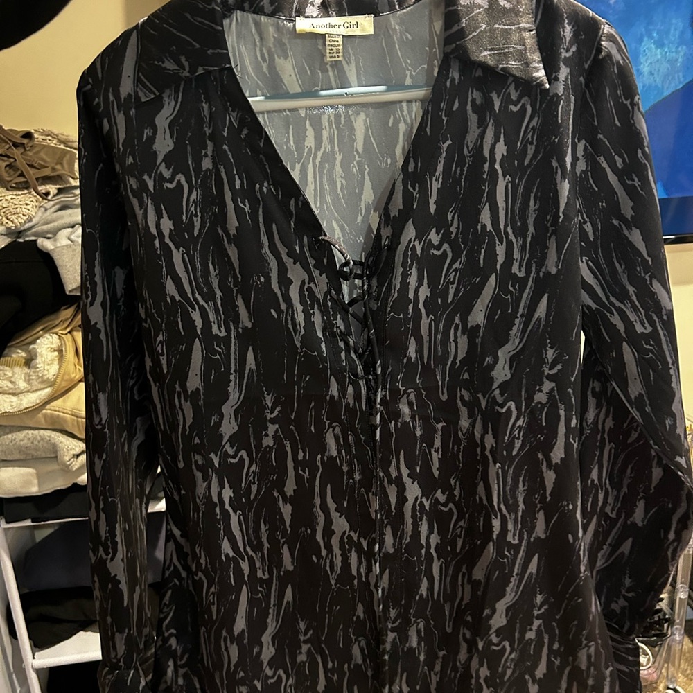 Urban Outfitters Black and Gray Marble-Print Long Sleeve Blouse